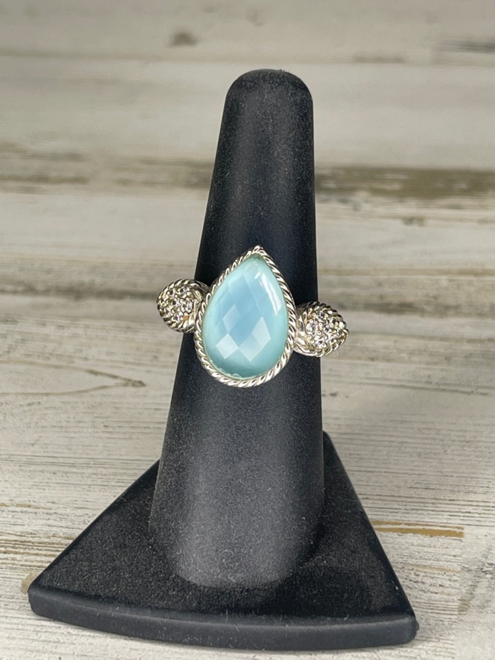 Judith Ripka Aqua Chalcedony Teardrop Statement Ring 925 Sterling Silver CZ